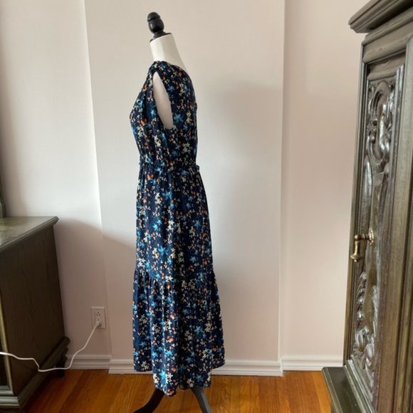 Gap Floral Tiered MIDI Dress Navy Blue v neck with shoulder ties - Picture 9 of 14